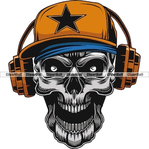 Skull Music DJ Vinyl Disc Jockey Audio Casque Chapeau Rap Rappeur Hip Hop Party Club Nightclub Tattoo Art Logo Design jpg PNG SVG Cut File
