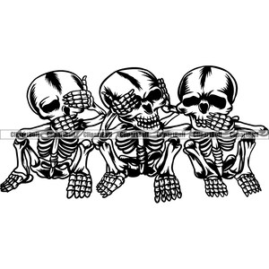 Puede incluir: Tres figuras de esqueleto en blanco y negro, cada una con una cabeza de calavera, se muestran en una línea. La figura de la izquierda se tapa los ojos con las manos, la figura del centro se tapa las orejas con las manos y la figura de la derecha se tapa la boca con las manos.