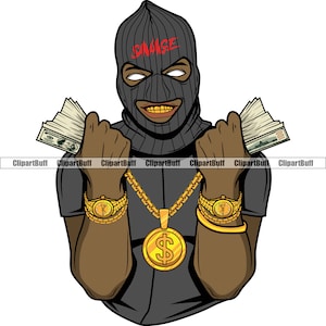 Gangster Hustle Black Man Gang Mitglied Ski Maske Gold Zähne Kette Rich Thug Mafia Crime Mob Boss Rap Hip Hop Art Tattoo Design PNG SVG Cut