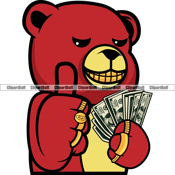 Gangster Hustle Teddy Bear Thumbs Up Gold Teeth Grin Rings Money Cartoon Hip Hop Rap Boss Swag Drip Trap Tattoo Art Logo Design PNG SVG Cut