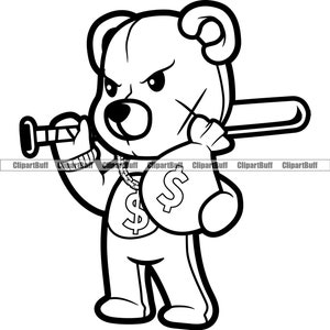 Gangster Hustle Teddy Bär Narbe Gesicht Geldsack Baseballschläger Cartoon Ghetto Thug Hood Rap Rapper Hip Hop Rich Tattoo Hustling Design PNG SVG