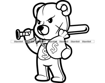Gangster Hustle Teddy Bär Narbe Gesicht Geldsack Baseballschläger Cartoon Ghetto Thug Hood Rap Rapper Hip Hop Rich Tattoo Hustling Design PNG SVG