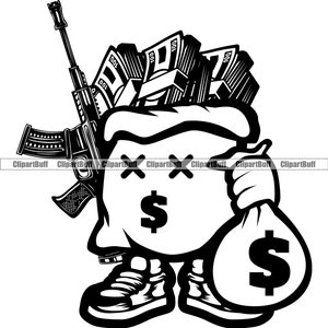 Geldbeutel Cartoon Gangster Hustle Charakter hält Geld Dollar Zeichen Gesicht Maschinengewehr Hip Hop Rap Rich Hustling Tattoo Art Design PNG SVG