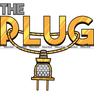 May include: A gold-colored graphic with the words "THE PLUG" in a bold, stylized font. The letters are connected by a cord to a detailed plug design at the bottom. The background is white.