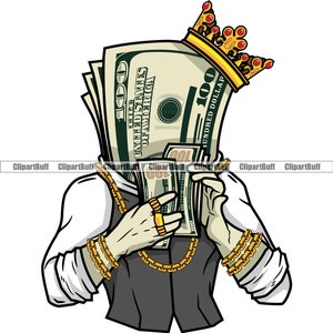 Hustle Money King Billete de 100 dólares Dibujos animados Contando Pila de efectivo Collar de oro Joyas Hip Hop Rap Rapper Hustling Art Design JPG PNG SVG Corte