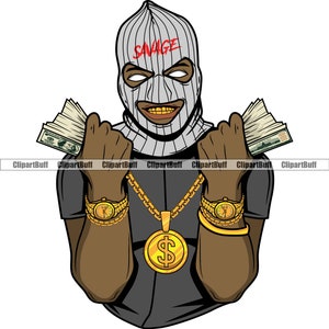 Gangster Hustle Black Man Gang Mitglied Ski Maske Gold Zähne 2 Uhren Rich Thug Mafia Mob Boss Rap Hip Hop Art Tattoo Design PNG SVG geschnitten Datei