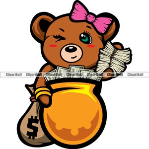 Cute Hustle Girl Teddy Bär Haarschleife Auge Wink hält Cash Stack Honigtopf Geldbeutel Cartoon Hip Hop Rap Hustling Farbe Logo Design PNG SVG
