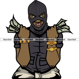 Gangster Hustle Thug Rapper 3 gouden horloges skimasker met geld val Plug Street Gang Rap Hip Hop Hustling Tattoo Design JPG PNG SVG knippen