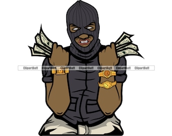 Gangster Hustle Thug Rapper 3 Gold Watches Ski Mask Holding Money Trap Plug Street Gang Rap Hip Hop Hustling Tattoo Design JPG PNG SVG Cut
