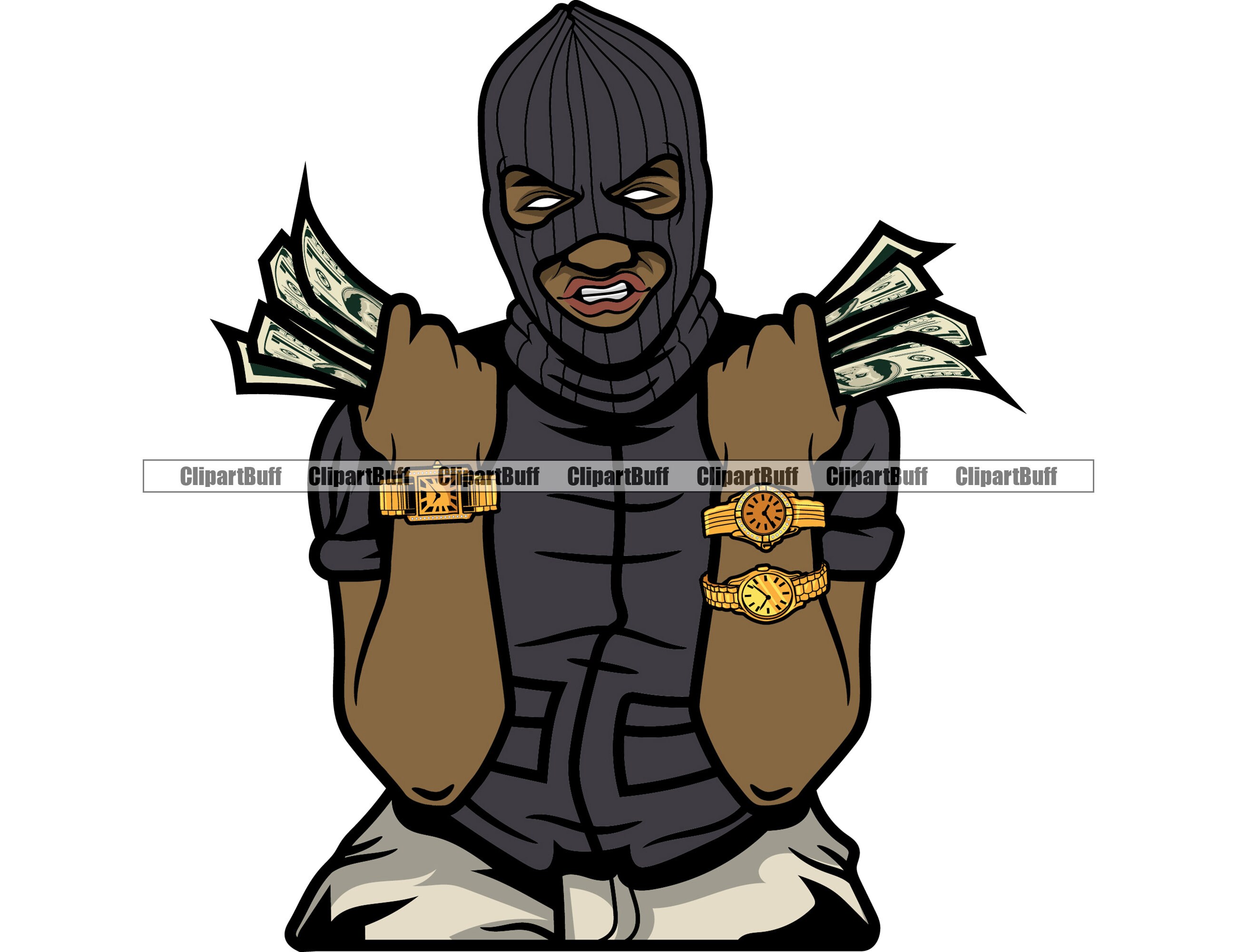 Gangster Hustle Thug Rapper 3 Gold Watches Ski Mask Holding
