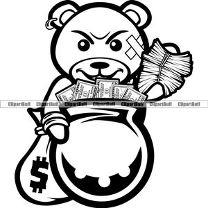 Gangster Hustle Orsacchiotto Miele Ciotola piena di soldi Gioielli in oro Contanti ricchi Rap Rapper Hip Hop Art Hustling Tattoo Design JPG PNG SVG Cut