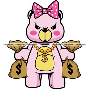 Hustle femminile Teddy Bear Hair Bow Gold Dollar Sign Collana Cash Money Bag Personaggio dei cartoni animati Hip Hop Rap Hustling Color Logo Design PNG SVG