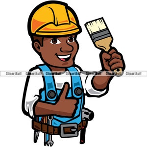 Painter Handyman Construction Black Man Worker Cartoon Character Home Builder House Painting Paint Company Logo Design Art JPG PNG SVG Cut