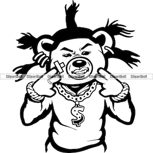 May include: Black and white illustration of a cartoon bear wearing a gold chain with a dollar sign pendant. The bear has a mischievous expression and is making a hand gesture.