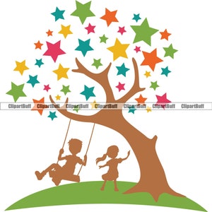 Kinderopvang Kinderopvang Meisje Jongen Speeltuin Nazorg Kinderen Spelen Fun Tree Swing Stars Babysitting Logo Ontwerp JPG PNG SVG Cut File