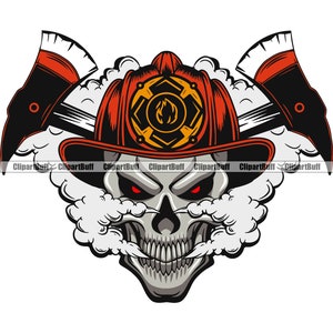 Schedel Brandweerman Brandweerman Brandweerman Skelet Rode Ogen Bijl Rook Komt Uit Neus Helm Rescue Flame Tattoo Logo Ontwerp JPG PNG SVG Cut