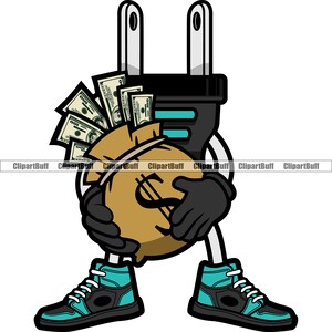 Gangster Plug Charakter hält Geldbeutel mit Turnschuhen Trap Plug Cash Star Mafia Boss Grind Rap Art Hustling Tattoo JPG PNG SVG Cut File