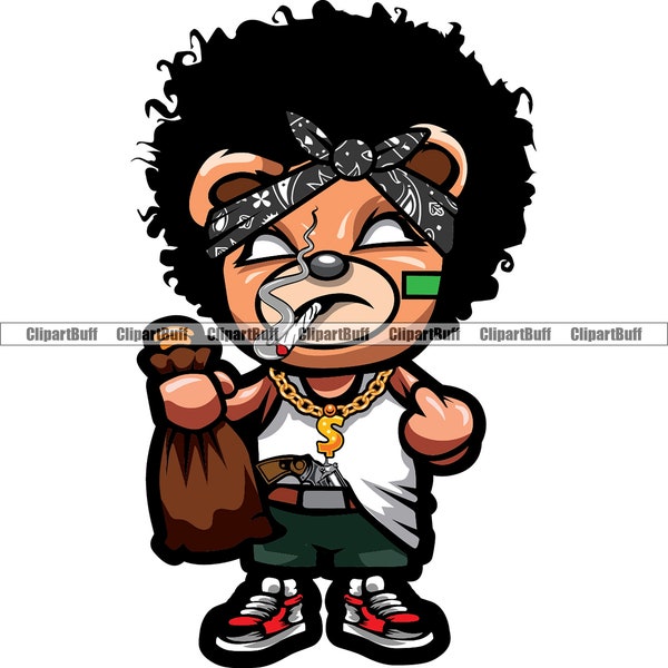 Gangster Hustle Teddy Afro Hair Bear Smoking Cigar Malt Liquor Money Bag Middle Finger Rap Hip Hop Hustling Tattoo Design JPG PNG SVG File