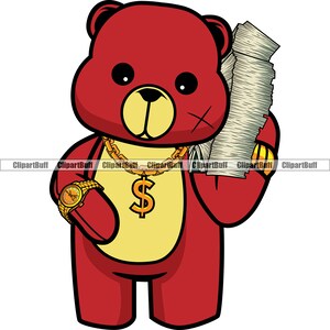 Gangster Hustle Teddy Bear Big Money Stack Gold Dollar Sign Jewelry Cartoon Hip Hop Rap Boss Swag Drip Trap Tattoo Art Logo Design PNG SVG