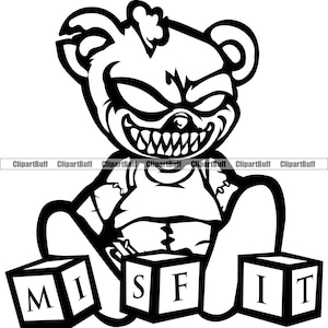 Misfit Horror Urso de pelúcia Rasgado Pele Média Dentes Afiados Olhos Vermelhos Desenho Animado Hip Hop Rap Savage Demon Trap Gangster Tattoo Art Logo Design PNG SVG