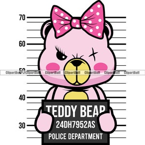 Female Hustle Teddy Bear Missing Eye Mugshot Bow Criminal Police Line Up Cartoon Character Hip Hop Rap Gangster Color Logo Design PNG SVG