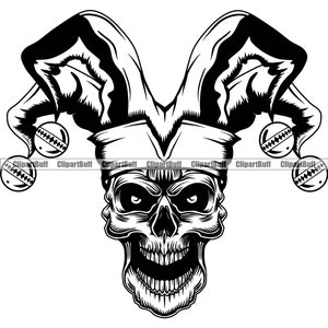 Esqueleto Joker Sombrero Calavera Bufón Cabeza Cara Detallada Malvado Miedo Muerte Horror Payaso Circo Tonto Tatuaje Dibujo Logotipo Diseño de Arte JPG PNG SVG Corte