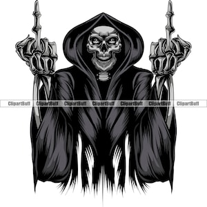 Grim Reaper Skeleton Skull Sinister Grin Middle Finger Grinning Horror Devil Evil Dead Scary Ghost Death Color Tattoo Design JPG PNG SVG