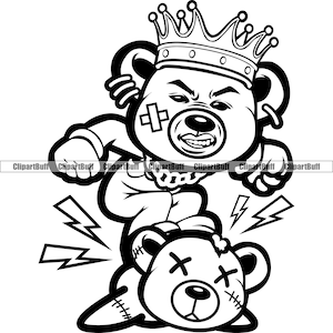 Gangster Hustle Teddy Bear King Beating Up Enemy Thug Bad Boy Heartless Cartoon Hip Hop Rap Ghetto Trap Tattoo Art Logo Design PNG SVG Cut