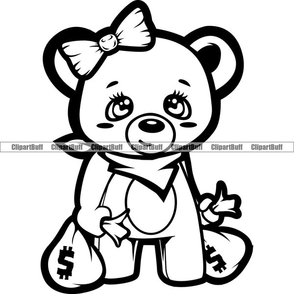 Hustle Teddy Bear Girl Cute Scarf Big Eyes Holding Big Money Bags Hair Bow Queen Boss Lady Art Hustling Female Tattoo Design JPG PNG SVG Cut