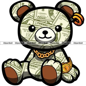 Hustle Teddy Bär Made from Money Gold Halskette Ohrringe Cartoon Hip Hop Rapper Boss Drip Hustling Tattoo Art Logo Design PNG SVG