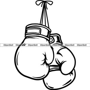 May include: A pair of black and white boxing gloves hanging from a ribbon. The gloves are tied together at the wrists.