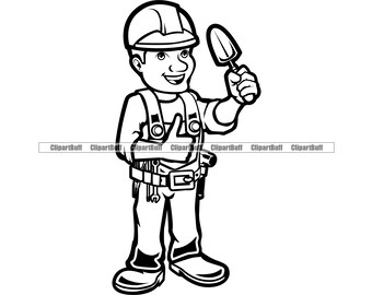 Mason Masonry Handyman Construction Man Brick Worker Cartoon Character Home Builder House Concrete Company Logo Design Art JPG PNG SVG Cut