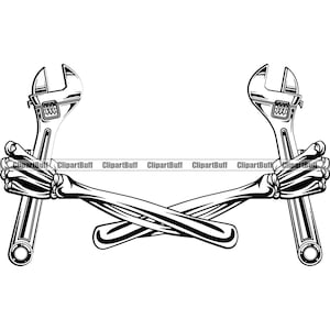 Skull Hand Holding Double Wrench Skeleton Arm Builder Tool Worker Build Handyman Work Miner Team Labour Design Element JPG PNG SVG Cut File