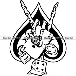 Teschio Mano Che Tiene Asso Di Picche Dadi Scheletro Faccia Carta Da Gioco Poker Casinò Gioco D'azzardo Orrore Grin Art Tattoo Design JPG PNG SVG Taglio