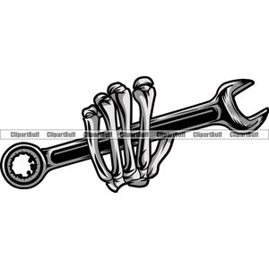 Skull Hand Holding Wrench Skeleton Garage Work Machine Engineering Mechanic Mechanical Design Element Metal Worker JPG PNG SVG Cut File