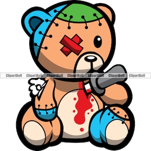 Broken Hearted Beat Up Horror Teddy Bear Killer Doll Stitches Knife Heart Blood Hip Hop Rap Rich Gangster Color Tattoo Logo Design PNG SVG