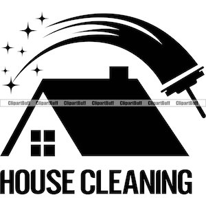 Op de afbeelding: Zwart-witte silhouet van een huis met een raam en een bezem die sterren wegveegt. De tekst "HOUSE CLEANING" staat onder het huis.