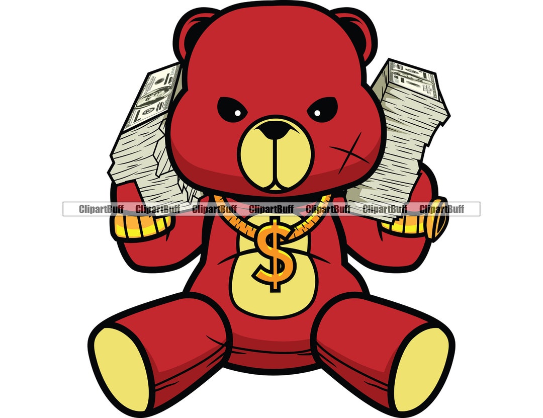 Gangster Hustle Teddy Bear Huge Money Stacks Gold Necklace Watch