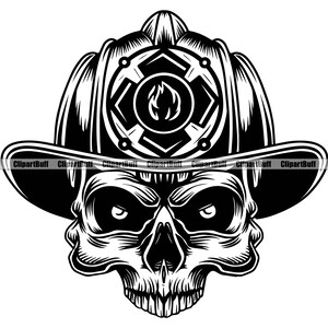 Pompier Skull Helmet Worker Fire Emergency Fireman Rescuer Firefighting Hero Evil Scary Tattoo Art Logo Design JPG PNG SVG Cut