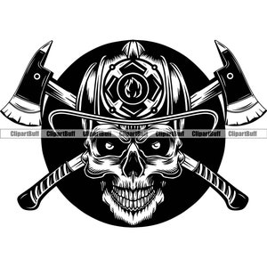 Firefighter Skull Helmet Axes Fire Fireman Firefighting Skeleton Firefight EMT Rescue Emergency Flame Tattoo Art Logo Design Jpg PNG SVG Cut