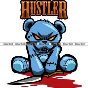 Horreur Teddy Bear Killer Doll Dents acérées Scar Face Stitches Bloody Knife Blood Hip Hop Rap Rich Gangster Color Tattoo Logo Design PNG SVG