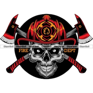 Feuerwehrmann Schädel Kopf Axt Gekreuzte Knochen Skelett Feuerwehrmann Feuerwehr Helm Held Arbeit Feuer Art Tattoo Farbdesign JPG PNG SVG