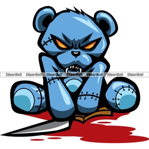 Horreur Teddy Bear Killer Sharp Dents Scary Evil Creepy Doll Stitches Knife Blood Hip Hop Rap Rich Gangster Color Tattoo Logo Design PNG SVG