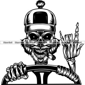 May include: Black and white illustration of a skeleton wearing a baseball cap and driving a car. The skeleton is giving a peace sign with one hand and holding a steering wheel with the other.