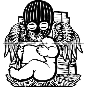 Gangster Hustle Baby Statue Angel Wings Sitting On Money Bag Ski Mask Religion Religious Street Fashion Hustling Design JPG PNG SVG Cut File