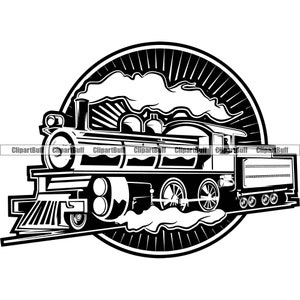 Puede incluir: Ilustración en blanco y negro de una locomotora de vapor vintage con humo saliendo de la chimenea. La locomotora está situada sobre un fondo de sol blanco y negro.