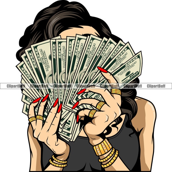 Gangster Woman Holding Money Stack Hide Face Hustle Girl Wearing Gold Bracelet Ring Jewelry Trap Plug Cash Rich Design Dope JPG PNG SVG File