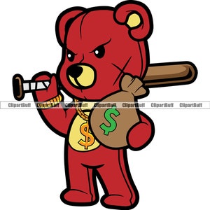 Gangster Hustle Teddy Bear Scar Face Sac d&#39;argent Batte de baseball Cartoon Ghetto Thug Hood Rap Hip Hop Rich Tattoo Hustling Color Design PNG SVG