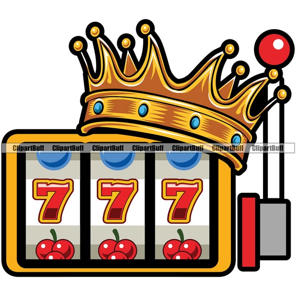 Slot Machine King Game Casino Gamble Gambling Gambler Money Luck Winner King Queen Arm Crown Wheel 777 Las Vegas Logo Design JPG PNG SVG Cut