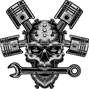 Skull Piston On Head Skeleton Wrench Garage Work Builder Machine Engineering Mechanic Mechanical Design Element Metal JPG PNG SVG Cut File